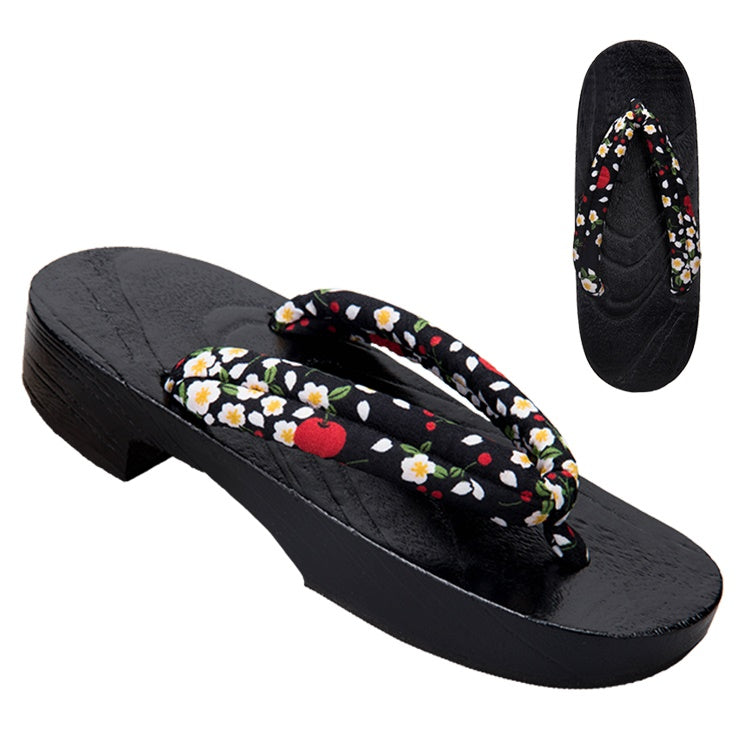 Black Women's Geta Sandals 【Apple Flowers】