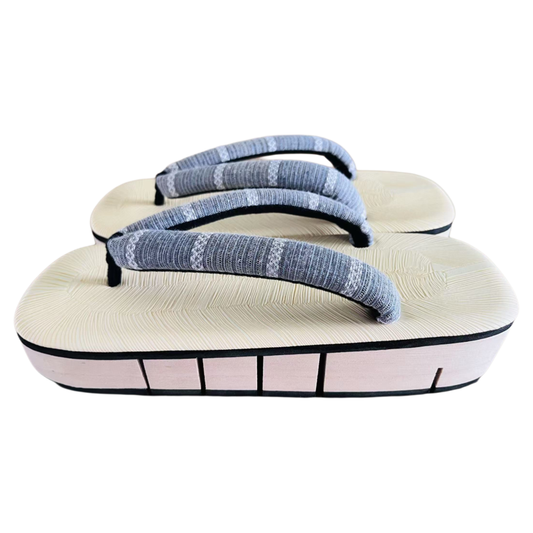 Pair of traditional Japanese sandals with gray straps on a white background