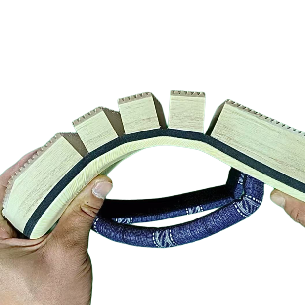 Hands holding a curved object with a blue band on a white background