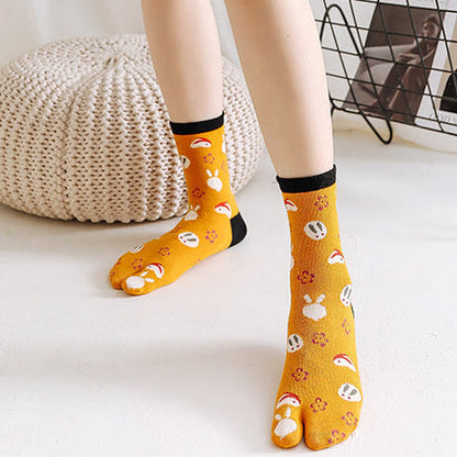 pairs of socks with floral patterns worn by people on a white background.