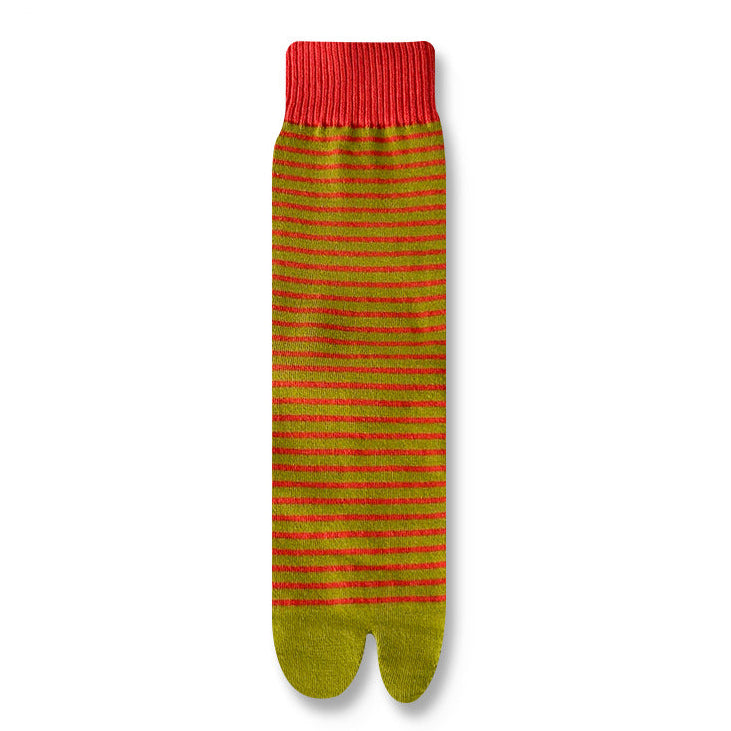 Striped red and green sock on a white background with text.