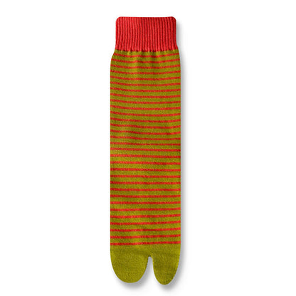 Striped red and green sock on a white background with text.
