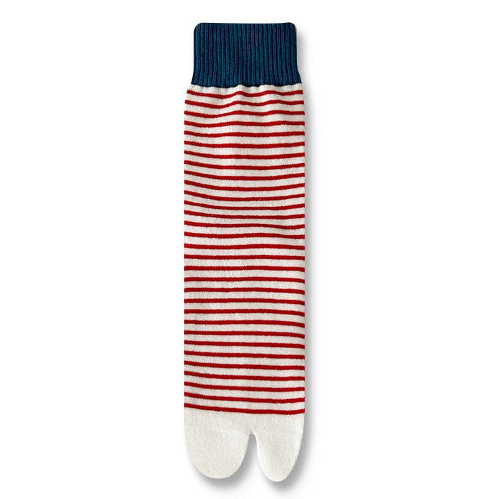 Red and white striped sock with blue top on a white background