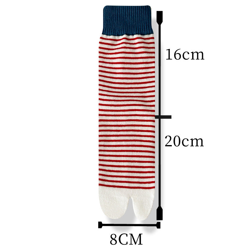 Striped sock with measurements on a white background