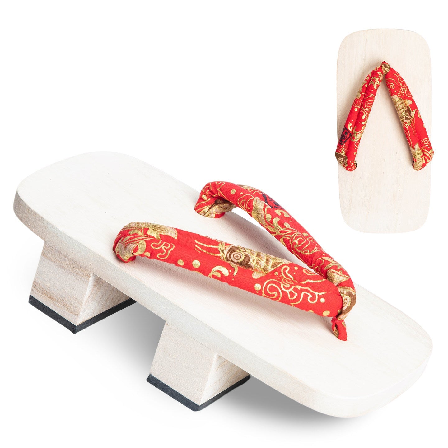 A Japanese wooden clog sandal shown on a white wooden display form, with a second view of the sandal standing upright in the upper right. The sandal has a red fabric strap decorated with gold dragon motifs.
