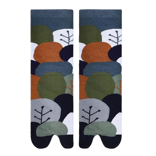 Pair of socks with a floral pattern and measurements on a white background