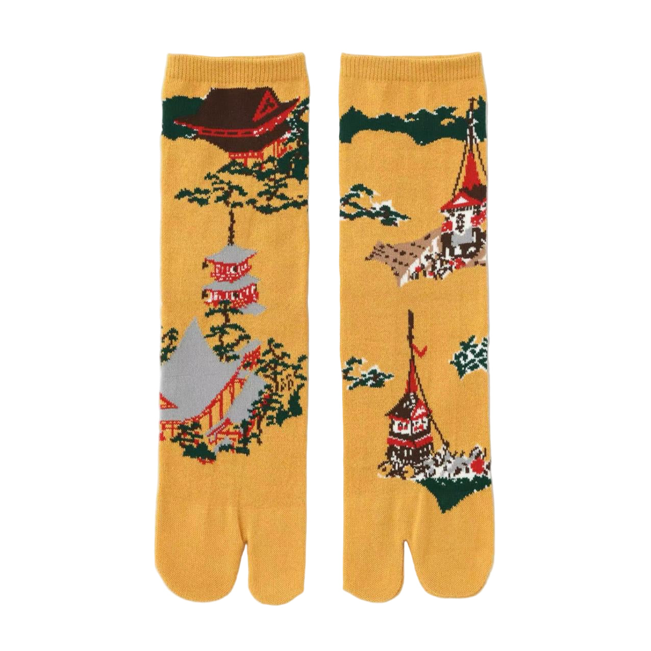 Pair of socks with a design of a temple building on a mustard yellow background