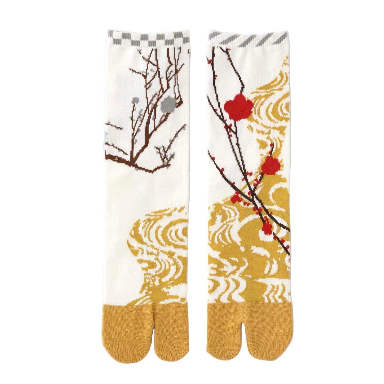 Pair of socks with tree branch and red flower design on a white background