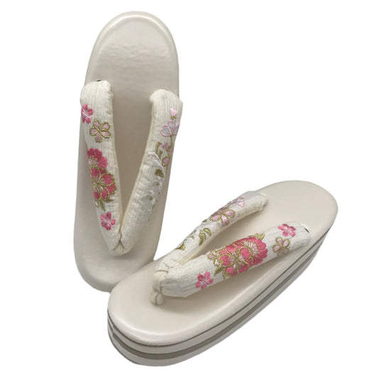 Women's Embroidered Platform Zori Sandals 【Sakura Bloom】 - Getamashi
