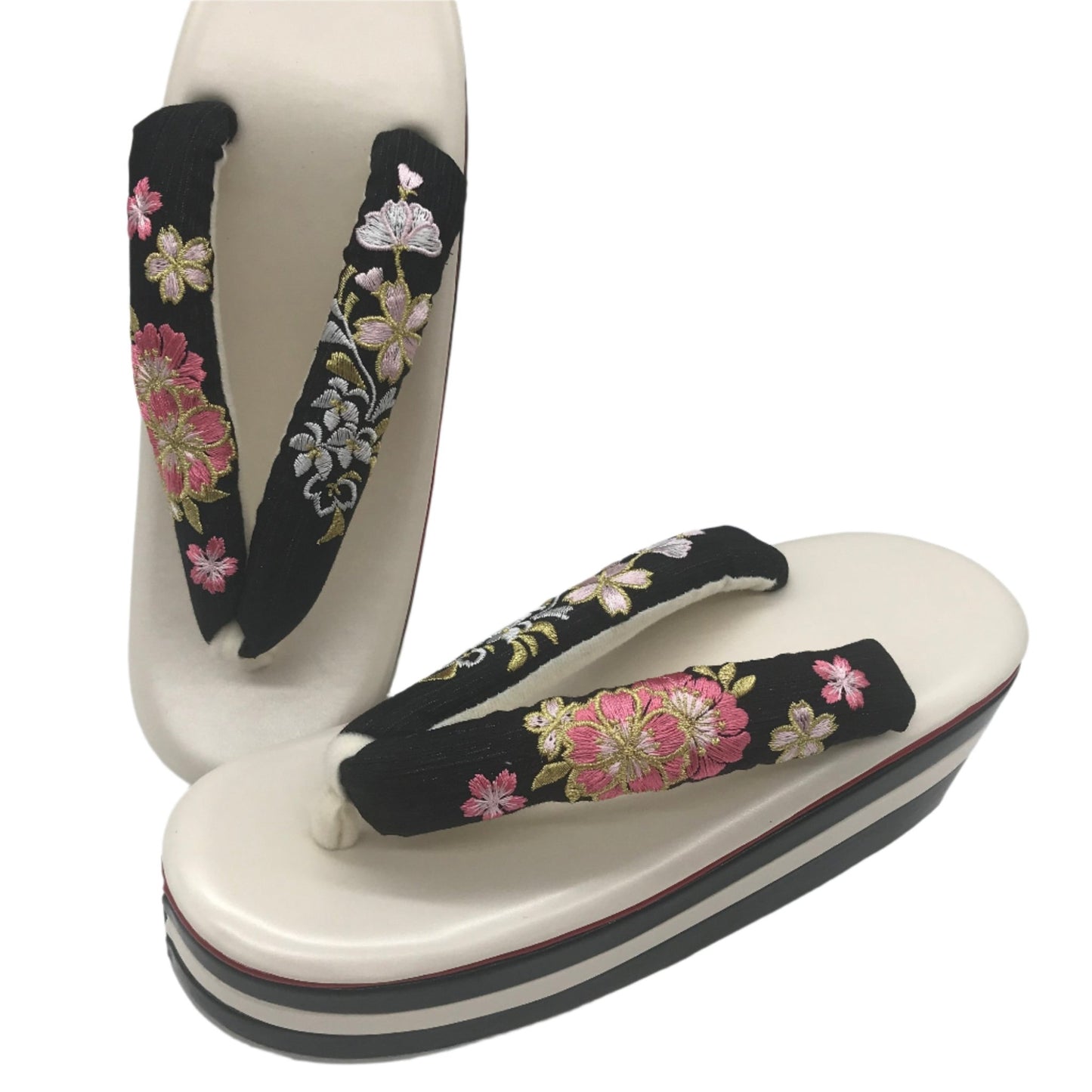 Women's Embroidered Platform Zori Sandals 【Sakura Bloom】 - Getamashi