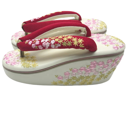 Women's Embroidered Wedge Zori Sandals【Sakura Bloom】 - Getamashi