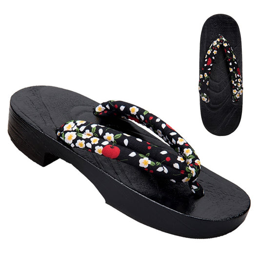 Black Women's Geta Sandals 【Apple Flowers】